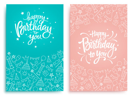 Happy birthday text vector poster set design. Birthday lettering, font and calligraphy with doodle background in pastel color. Vector illustration invitation card lay outのイラスト素材