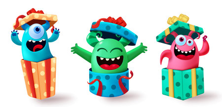 Monster characters vector set design. Birthday monsters character in open gift box for party surprise elements. Vector illustration cute and funny cartoon collection.のイラスト素材