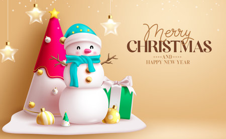 Merry christmas text vector design. Christmas snowman character with pine tree and surprise gift in frosted snow elements. Vector illustration greeting invitation card background.のイラスト素材
