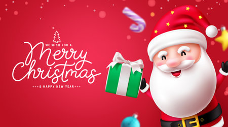 Merry christmas vector design. Merry christmas and happy new year text in red space with santa claus character holding gift present. Vector illustration holiday season invitationのイラスト素材