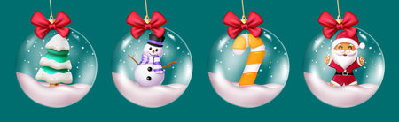 Christmas crystal ball vector set design. Christmas santa claus, snow man, candy cane and xmas tree in hanging glass ball elements. Vector illustration holiday season baubleのイラスト素材