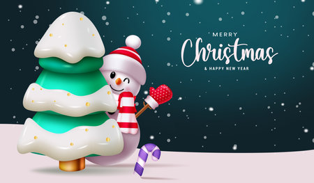 Merry christmas text vector design. Christmas snow man character with pine tree elements in winter season snow evening background. Vector illustration greeting card design.のイラスト素材