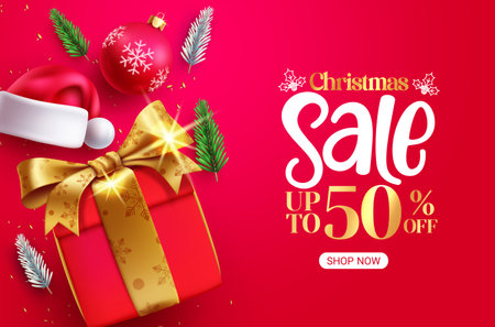 Christmas sale text vector banner design. Christmas promo discount offer with gift surprise box elements for advertisement. Vector illustration for holiday season shoppingのイラスト素材