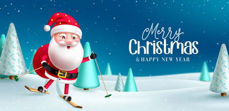 Merry chritsmas text vector design. Christmas greeting with santa claus character riding in ski elements in snow winter background. Vector illustration holiday season design.のイラスト素材