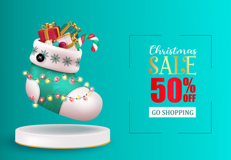 Christmas sale text vector banner design. Christmas podium with santa claus socks and gifts elements for holiday season decoration. Vector illustration product display presentationのイラスト素材