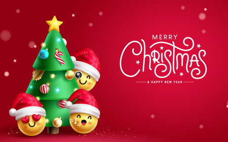 Merry christmas text vector design. Christmas pine tree ornaments with smileys and emojis characters wearing santa hat elements. Vector illustration season greeting card in redのイラスト素材
