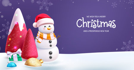 Christmas snowman character vector design. Merry Christmas and happy new year greeting card in winter snow outdoor background. Vector illustration xmas seasonal card.のイラスト素材