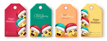 Christmas emoji tags set vector design. Emojis tags and sticker collection for holiday season party occasion gift tag elements. Vector illustration emojis character tags collectionのイラスト素材