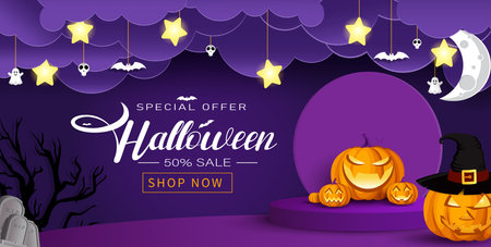 Halloween sale text vector banner design. Halloween scary pumpkin in podium stage with paper cut clouds, skull and bat elements in purple background. Vector illustration stageのイラスト素材
