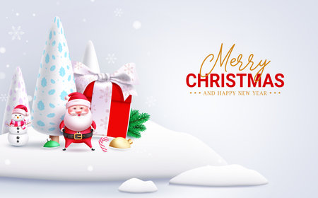 Merry christmas text vector design. Christmas santa claus and snowman miniature characters with fir tree and gift box ornaments. Vector illustration in snow winter background.のイラスト素材