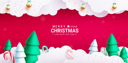 Merry christmas text vector design. Christmas greeting card with paper cut clouds, pine tree, candy cane and fir tree elements decoration. Vector illustration xmas seasonal banner.のイラスト素材