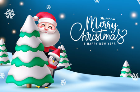 Merry christmas text vector design. Christmas greeting card with santa claus and penguin characters in snow winter background. Vector illustration holiday season xmas background.のイラスト素材