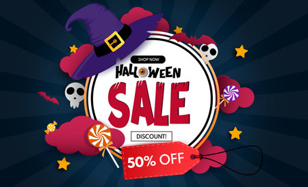 Halloween sale text vector banner design. Halloween discount offer in circle frame space for holiday shopping promo advertisement. Vector illustration seasonal sale template.のイラスト素材