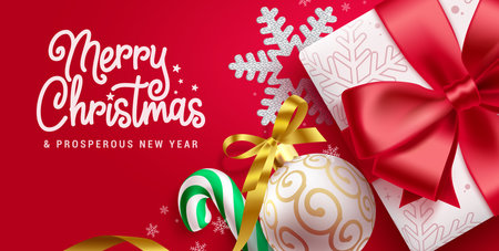 Merry christmas text vector design. Christmas and new year greeting card with gift box, snowflakes, candy cane and xmas balls in red background. Vector illustration greeting cardのイラスト素材