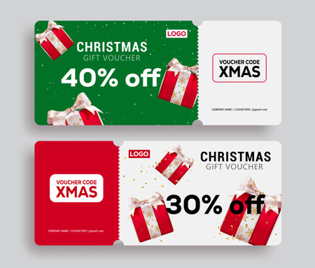 Christmas gift vouchers vector set design. Christmas shopping discount card with gift boxes elements decoration for xmas season holiday sale. Vector illustration gifts vouchersのイラスト素材