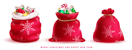 Christmas sacks elements set vector design. Christmas sacks in open, close and full of gifts elements and objects isolated in white  background. Vector illustration xmas gift sacksのイラスト素材