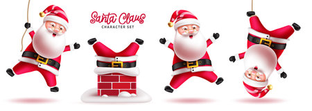 Santa claus characters vector set design. Christmas santa claus character in jumping, rope swinging and happy smiling isolated in white background. Vector illustration holidayのイラスト素材