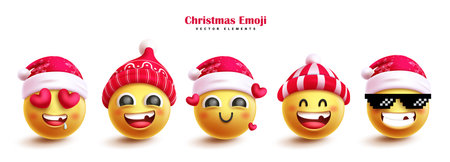 Christmas emoji characters vector set design. Christmas emojis character wearing santa hat with funny, cute and naughty facial expression isolated in white background. Vectorのイラスト素材