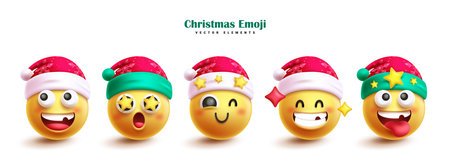 Christmas characters emoji vector set design. Emojis characters elements for christmas holiday season emoticon collection. Vector illustration xmas season cute cartoon.のイラスト素材