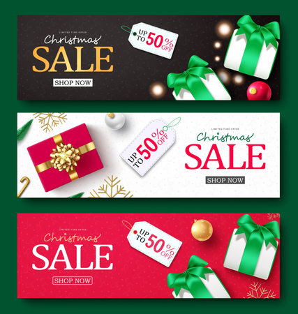 Christmas sale text vector banner set design. Christmas limited offer discount card with gift box elements decoration. Vector illustration holiday season voucher collection.のイラスト素材