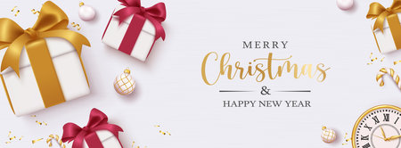 Merry christmas text vector design. Christmas and happy new year greeting card with gift boxes and xmas balls elements in elegant background. Vector illustration seasonal banner.のイラスト素材