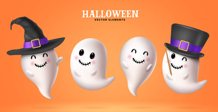 Halloween ghost characters set vector design. Halloween ghost character wearing witch and magician hat for kids party mascot costume  elements. Vector illustration ghost cartoonのイラスト素材