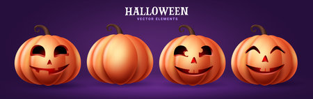 Halloween pumpkins set vector design. Halloween pumpkin orange elements isolated in purple background for horror decoration. Vector illustration pumpkins orange collection.のイラスト素材