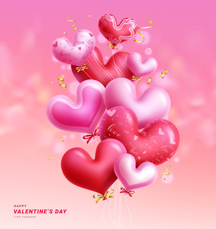 Happy valentine's heart balloons vector design. Valentine's day greeting card with bunch of heart balloons flying for february celebration. Vector illustration hearts dayのイラスト素材