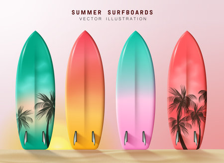 Summer surfboard elements vector set design. Surfboards in pastel color collection with palm tree decoration for vacation surfing activity. Vector illustration summer surfboardのイラスト素材