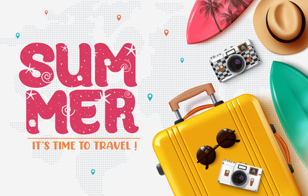 Summer travel text vector design. Simmer time to travel text with luggage, camera, hat and surfboard vacation elements. Vector illustration summer time seasonal design.のイラスト素材