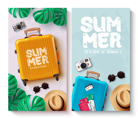 Summer travel vector poster set design. Summer time to travel text with luggage bag, hat, camera and passport for seasonal vacation collection background. Vector illustrationのイラスト素材