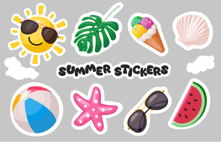 Summer stickers vector set design. Summer stickers text with sun, leaves, ice cream, shell, beachball, starfish and watermelon decoration elements. Vector illustration summerのイラスト素材