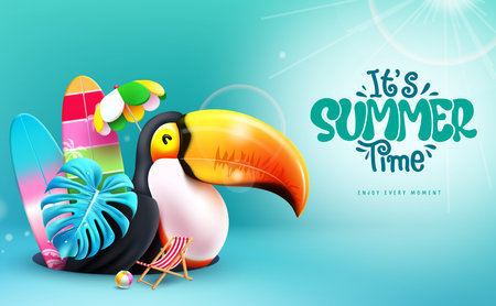 Summer time text vector design. It's summer time enjoy every moment text with toucan bird and surf board beach elements. Vector illustration summer time seasonal background.のイラスト素材