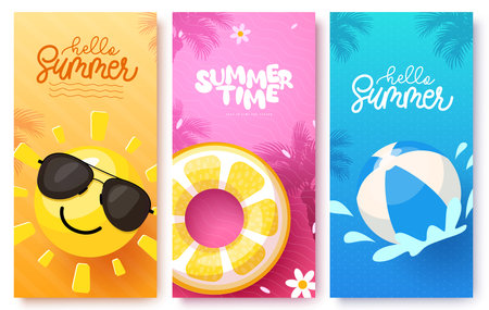 Summer hello greeting vector poster set. Summer time greeting with happy face sun, floaters and beachball tropical elements for seasonal banner collection. Vector illustrationのイラスト素材