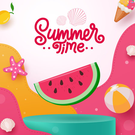 Summer time text vector poster. Summer time greeting with cute watermelon fruit elements in podium...
