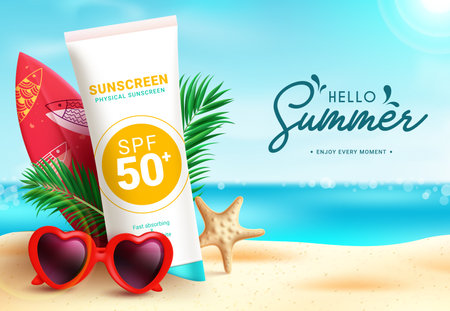 Summer hello text vector design. Hello summer greeting text with sunblock, surfboard, sunglasses and palm leaf beach elements for season tropical holiday background. Vectorのイラスト素材