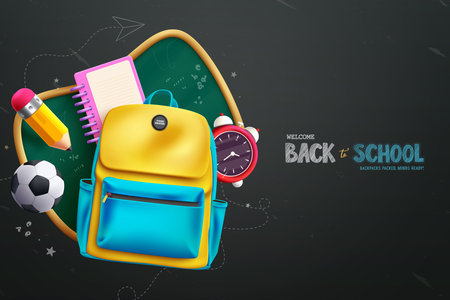 Back to school vector design. Welcome back to school greeting text with backpack schoolbag, alarm clock, ball, pencil and chalkboard educational elements. Vector illustrationのイラスト素材
