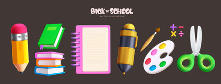 Back to school 3d elements vector set design. School educational supplies like pencil, book, notebook, pen, paint brush and scissors learning items collection. Vector illustrationのイラスト素材