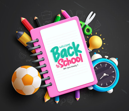 Back to school text vector template. Welcome back to school greeting in notebook paper space for typography with 3d educational supplies and items. Vector illustration schoolのイラスト素材