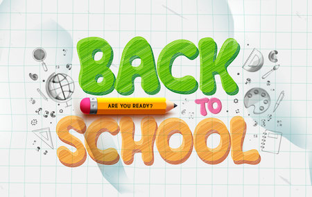 Back to school text vector design. Back to school greeting typography in paper grid space and doodle educational items, materials and learning supplies for education background.のイラスト素材