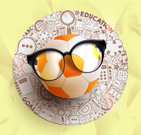 Back to school soccer ball vector design. Back to school education concept with soccer ball elements wearing eyeglasses in doodle educational items and learning supplies. Vectorのイラスト素材