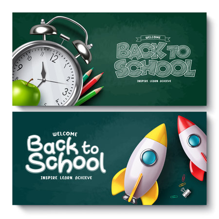 Back to school text vector banner set. Welcome back to school greeting education lay out collection with alarm clock and rocket ship elements in chalkboard background. Vectorのイラスト素材