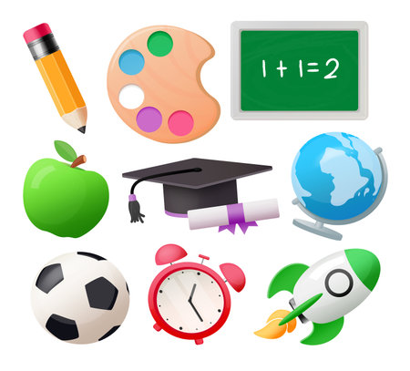 Back to school elements vector set design. School supplies element in 3d realistic like pencil, water color palette, chalkboard, apple, graduation cap and globe isolated in whiteのイラスト素材