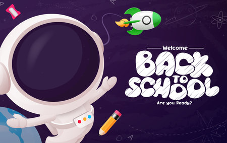 Back to school greeting vector design. School astronaut character and rocket spaceship elements in outer space concept for science educational background. Vector illustration backのイラスト素材