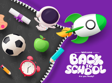 Back to school text vector design. Welcome back to school greeting with education elements, items and materials in open zipper rocket ship concept. Vector illustration schoolのイラスト素材