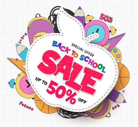 Back to school sale vector template design. Back to school shopping discount offer text in apple paper cut space with colorful materials and items design. Vector illustrationのイラスト素材