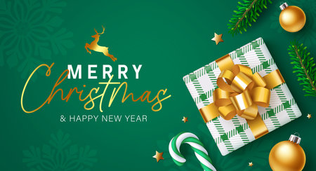Merry christmas greetings vector background design. Christmas greeting text with gift box, gold balls, stars, candy cane and pattern snowflakes in green background. Vectorのイラスト素材