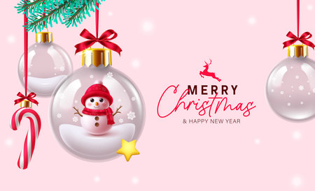Merry christmas greeting vector design. Christmas greeting text with snowman character in hanging ball glass, crystal balls, candy cane and spruce leaves elements for xmas baubleのイラスト素材