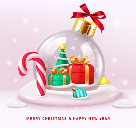 Christmas snow ball vector design. Merry christmas and happy new year greeting text with pine tree and gift box elements in glass crystal ball in cold empty space winter seasonのイラスト素材