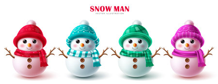 Christmas snowman characters vector set design. Snow man character with colorful hat, scarf and twig elements in white isolated background for xmas holiday collection. Vectorのイラスト素材